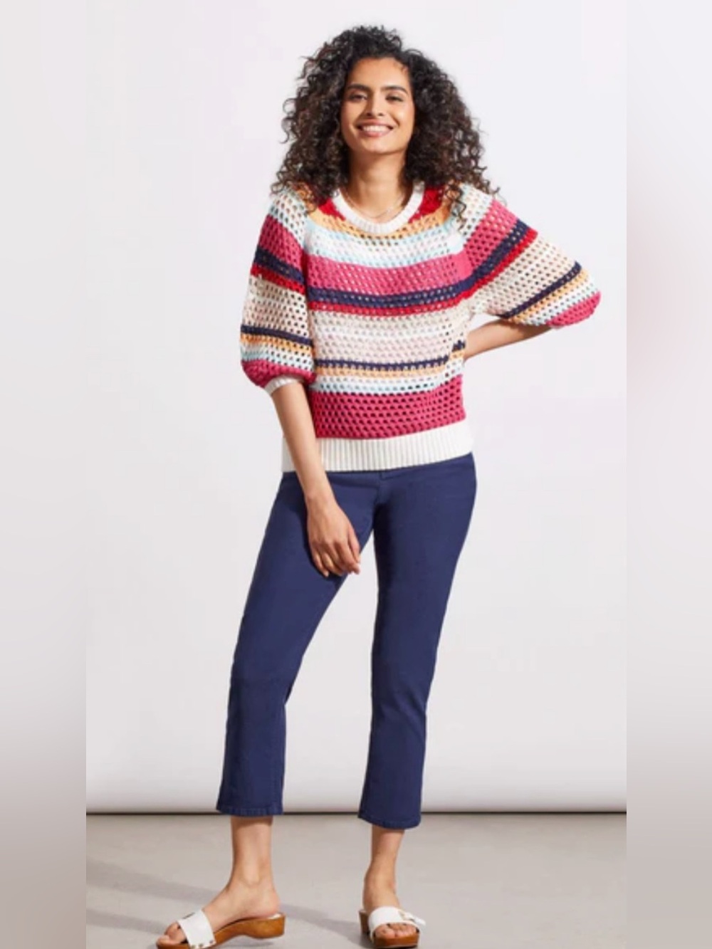Tribal Sport Crewneck Open Knit Striped 3/4 Sleeve Pullover Sweater